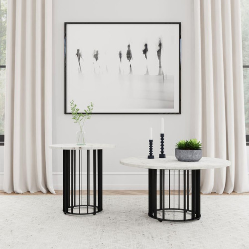 Haven 2-piece Round Marble Coffee and End Table Set Black / CS-706208-S2