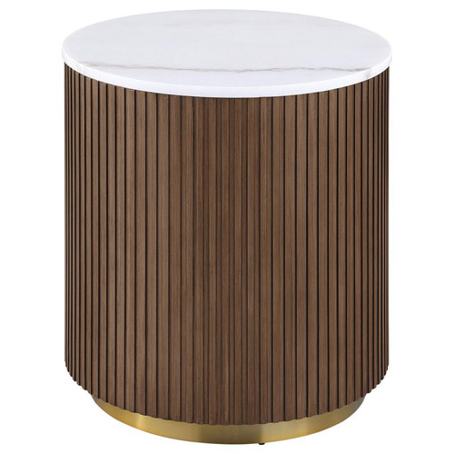 Jason Round White Marble Top Side End Table Honey Brown / CS-712417
