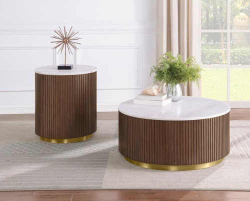 Jason 2-piece Round White Marble Coffee Table Set Honey Brown / CS-712418-S2