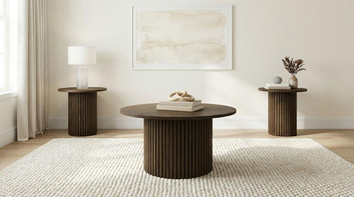 Hamlyn 3-piece Round Fluted Coffee and End Table Set Walnut / CS-706518-S3