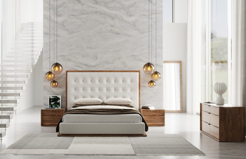 Queen Amberlie - Modern White Vegan Leather + Walnut 4-Piece Bedroom Set / VGMABR-96-WAL-4PCSET-Q