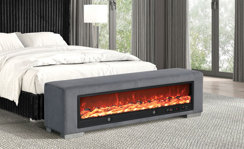 Elnath Bench w/ Visual Wood Log Fireplace, Gray / FM-BN6001GY