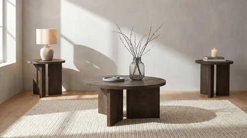 Aragon 3-Piece Round Coffee and End Table Set Dark Rustic Mango / CS-706658-S3