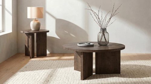 Aragon 2-Piece Round Coffee and End Table Set Dark Rustic Mango / CS-706658-S2