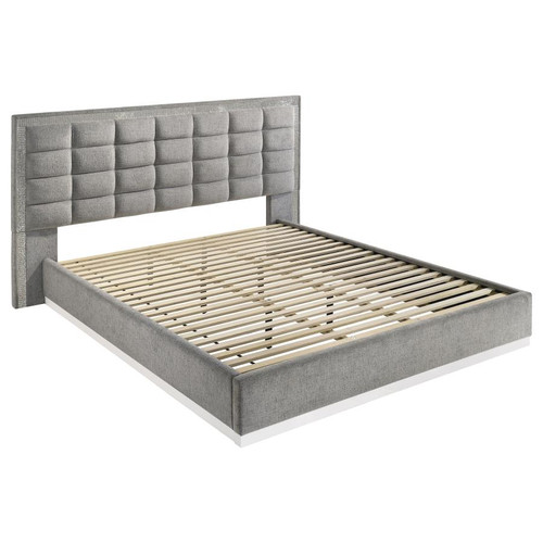 Viana Eastern King Chenille Platform Bed Grey and White High Gloss / CS-305770KE
