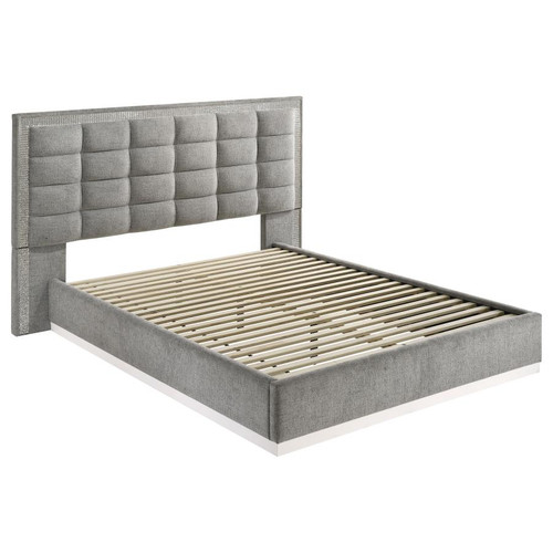 Viana Queen Chenille Platform Bed Grey and White High Gloss / CS-305770Q