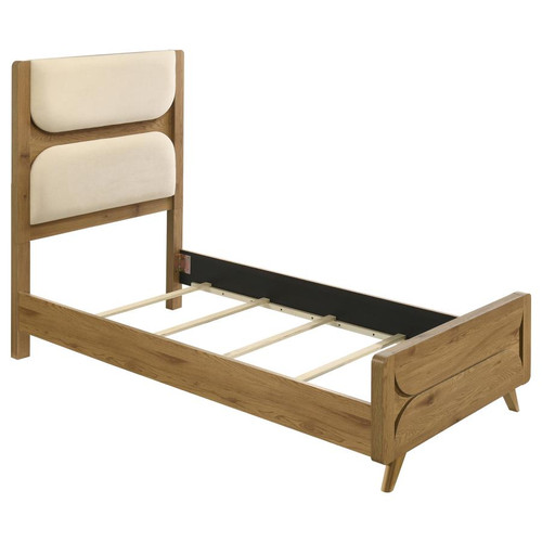 Bennett Twin Mid-Century Fabric Upholstered Panel Bed Light Oak and Cream / CS-222901T