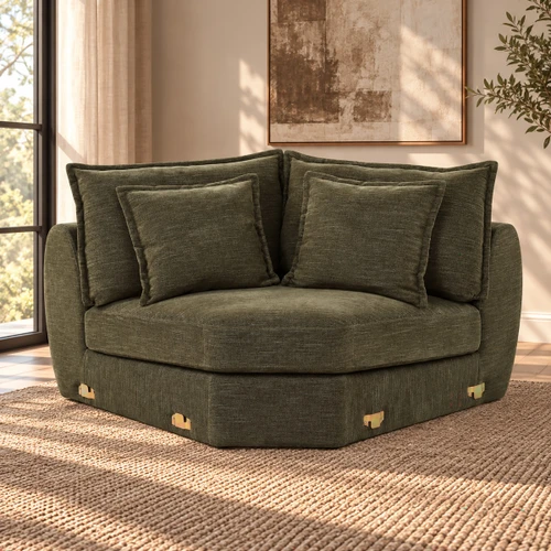 Leighton Green Chenille Modular Wedge with 4 Pillows, Loose Seat & Back Cushion | LV07692