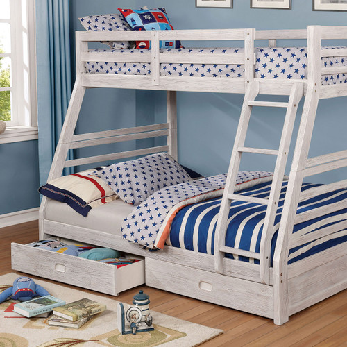 CALIFORNIA III Twin/Full Bunk Bed w/ 2 Drawers, Wire-brushed White / CM-BK588BWH-BED
