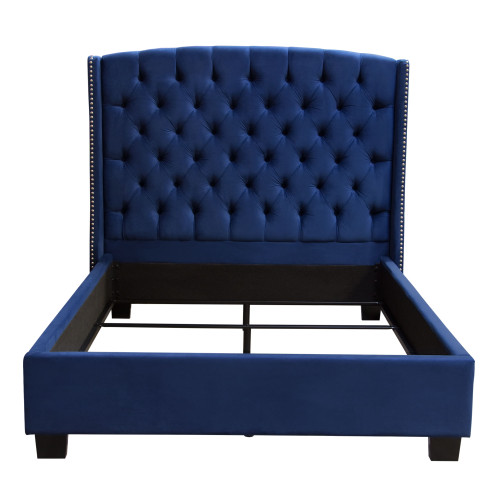 Majestic Eastern King Tufted Bed in Royal Navy Velvet with Nail Head Wing Accents / MAJESTICEKBEDNB