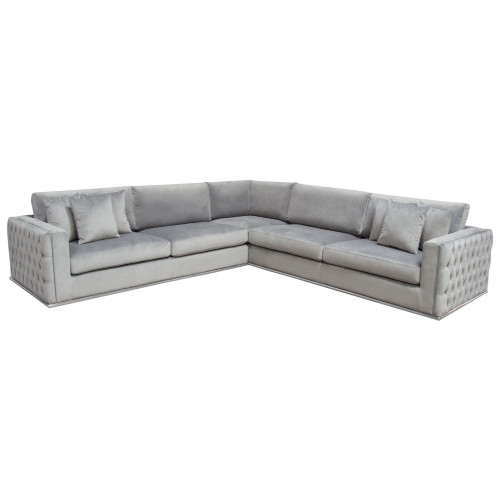 Envy 3PC Sectional in Platinum Grey Velvet with Tufted Outside Detail and Silver Metal Trim / ENVY3PCSECTGR