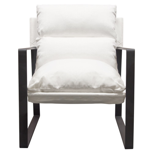 Miller Sling Accent Chair in White Linen Fabric w/ Black Powder Coated Metal Frame / MILLERCHWH