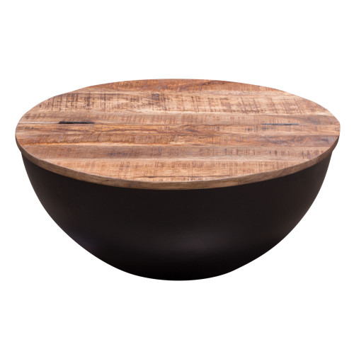 Salem Round Drum Storage Cocktail Table w/ Natural Mango Wood Top & Metal Base / SALEMCTNABL