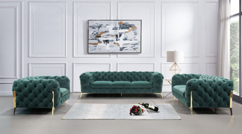 Divani Casa Quincey - Transitional Emerald Green Velvet Sofa Set / VGKNK8520-GRN-SET