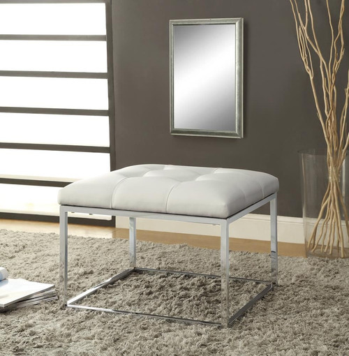 Swanson Upholstered Tufted Ottoman White and Chrome / CS-500423