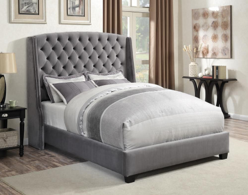 Pissarro Upholstered Queen Wingback Bed Grey / CS-300515Q