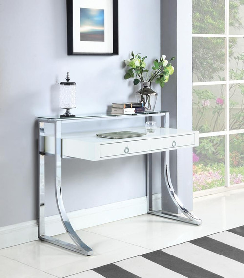 Gemma 2-drawer Writing Desk Glossy White and Chrome / CS-802141