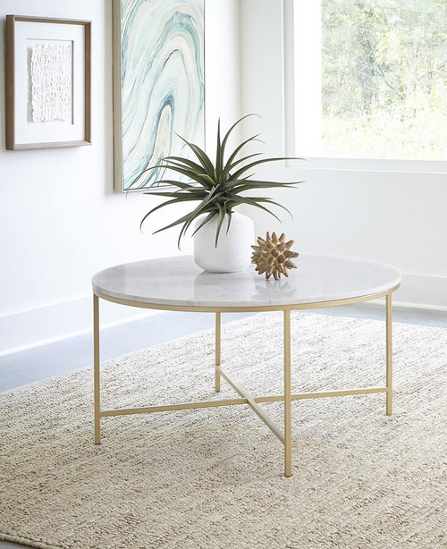 Ellison Round X-cross Coffee Table White and Gold / CS-723208