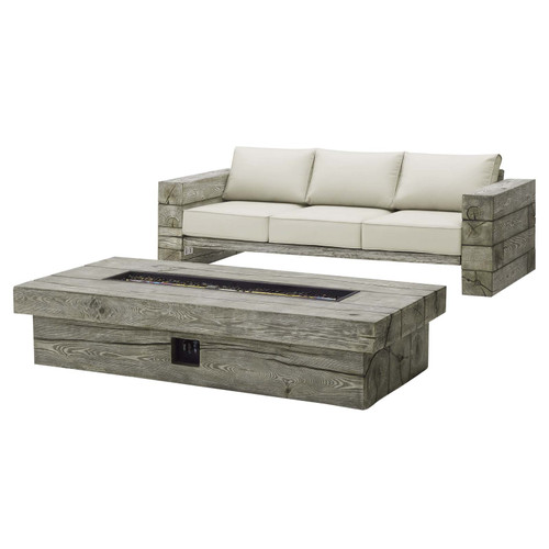Manteo Rustic Coastal Outdoor Patio Sunbrella® Sofa and Fire Pit Set / EEI-3654