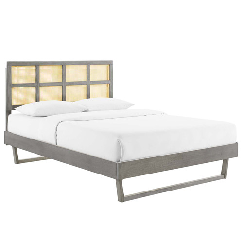Sidney Cane and Wood Queen Platform Bed With Angular Legs / MOD-6369