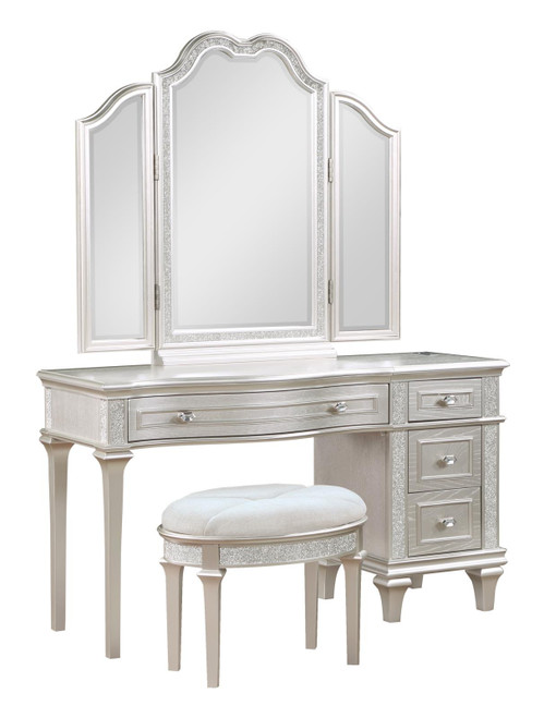 Evangeline 4-drawer Vanity Table with Faux Diamond Trim Silver and Ivory / CS-223397