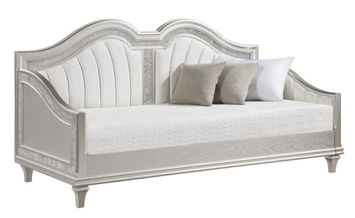 Evangeline Upholstered Twin Daybed with Faux Diamond Trim Silver and Ivory / CS-360121