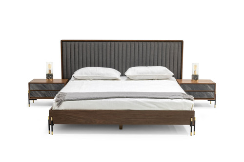 Queen Nova Domus Metcalf - Mid-Century Walnut & Grey Bed w/ Two Nightstands / VGMABR-120-BRN-BED-Q