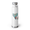 Side of metal water bottle, white with blue shark tooth