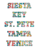 Florida cities tee designs: Siesta Key tee, St. Pete tee, Tampa tee, Venice tee