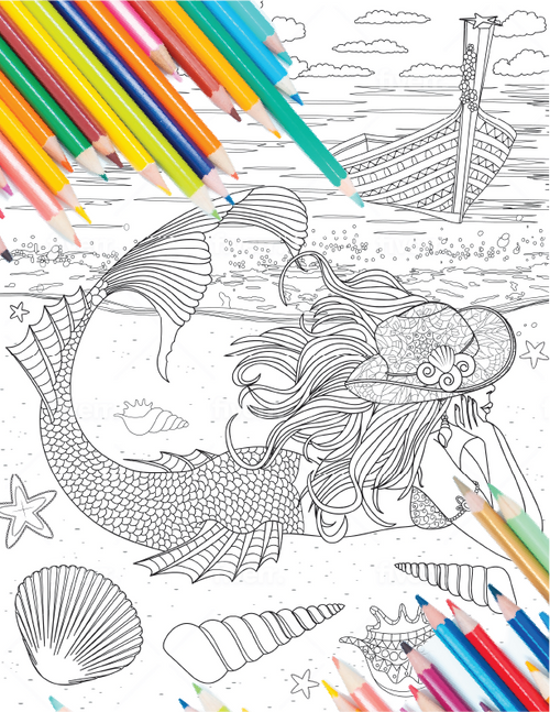 Cowgirl mermaid design coloring sheet showing mermaid on beach wearing cowboy hat with boat in the background