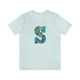 Heather Ice Blue tee with coral calligraphy letter S