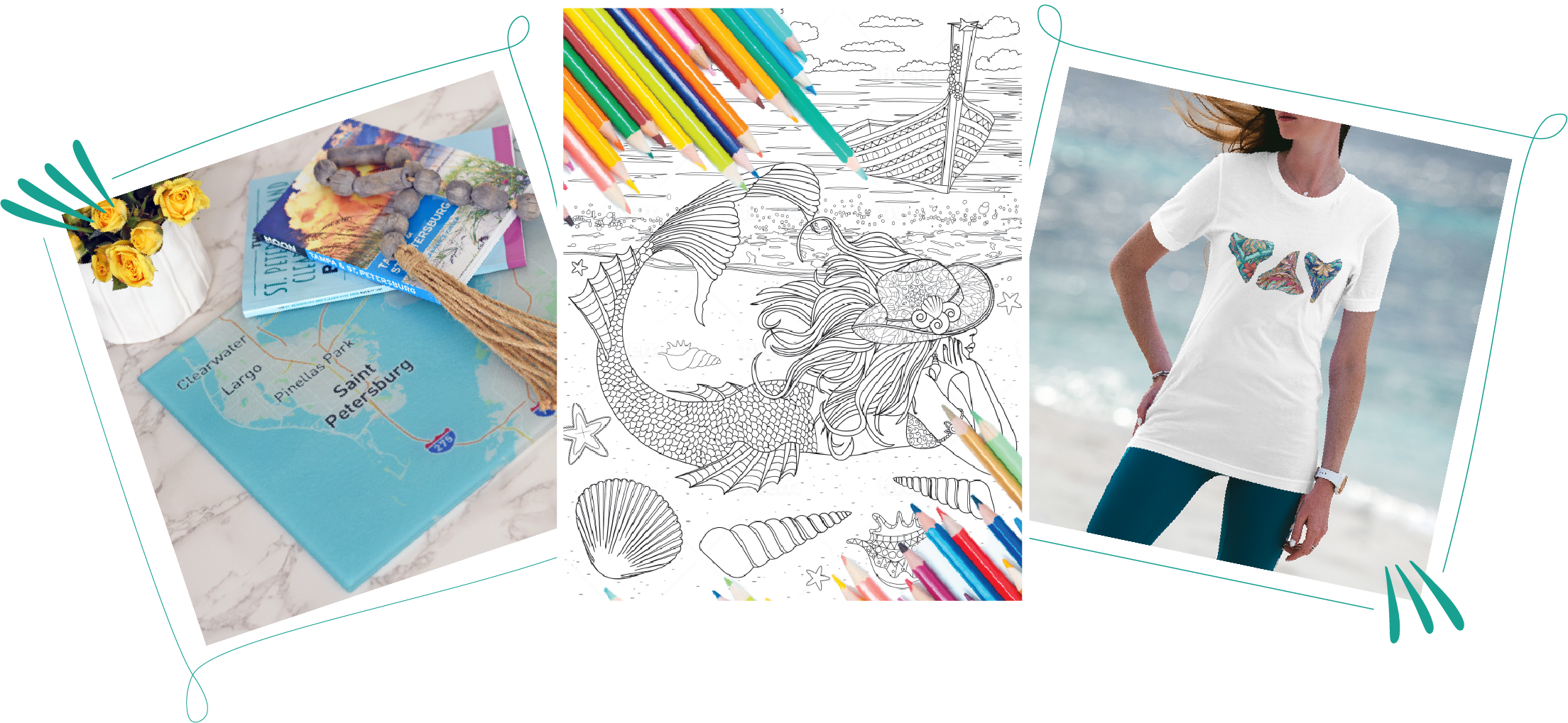 Three photos with artistic border, custom map board, mermaid coloring sheet, and shark teeth tshirt