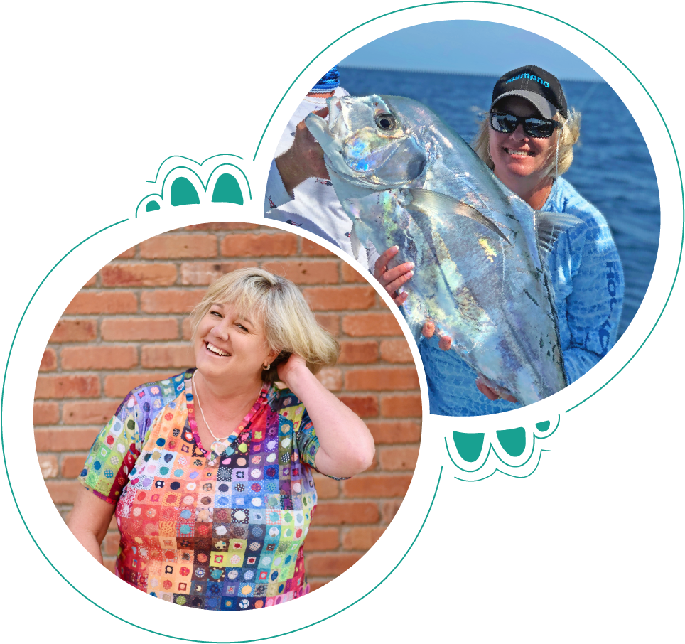 two circle cropped photos of founder Kim Ivkov smiling wearing colorful tee and holding african pompano