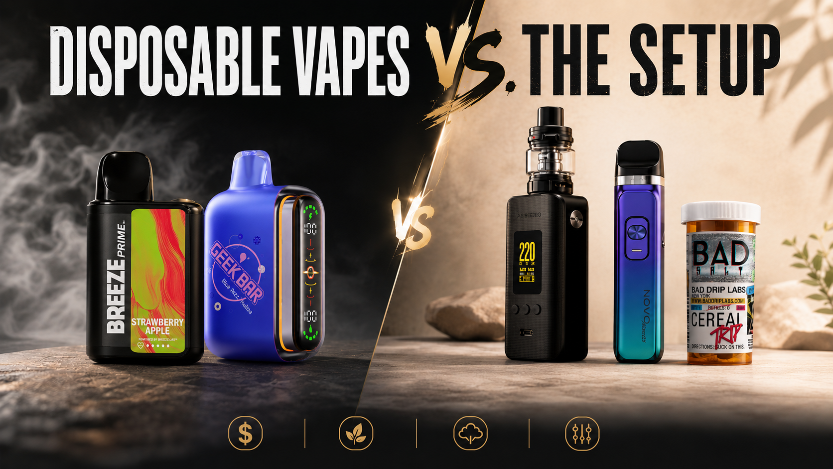 Disposable vape beside a refillable setup and a bottle of e-liquid