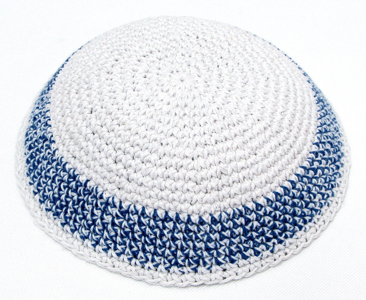 White Knitted Kippah with Blue Band