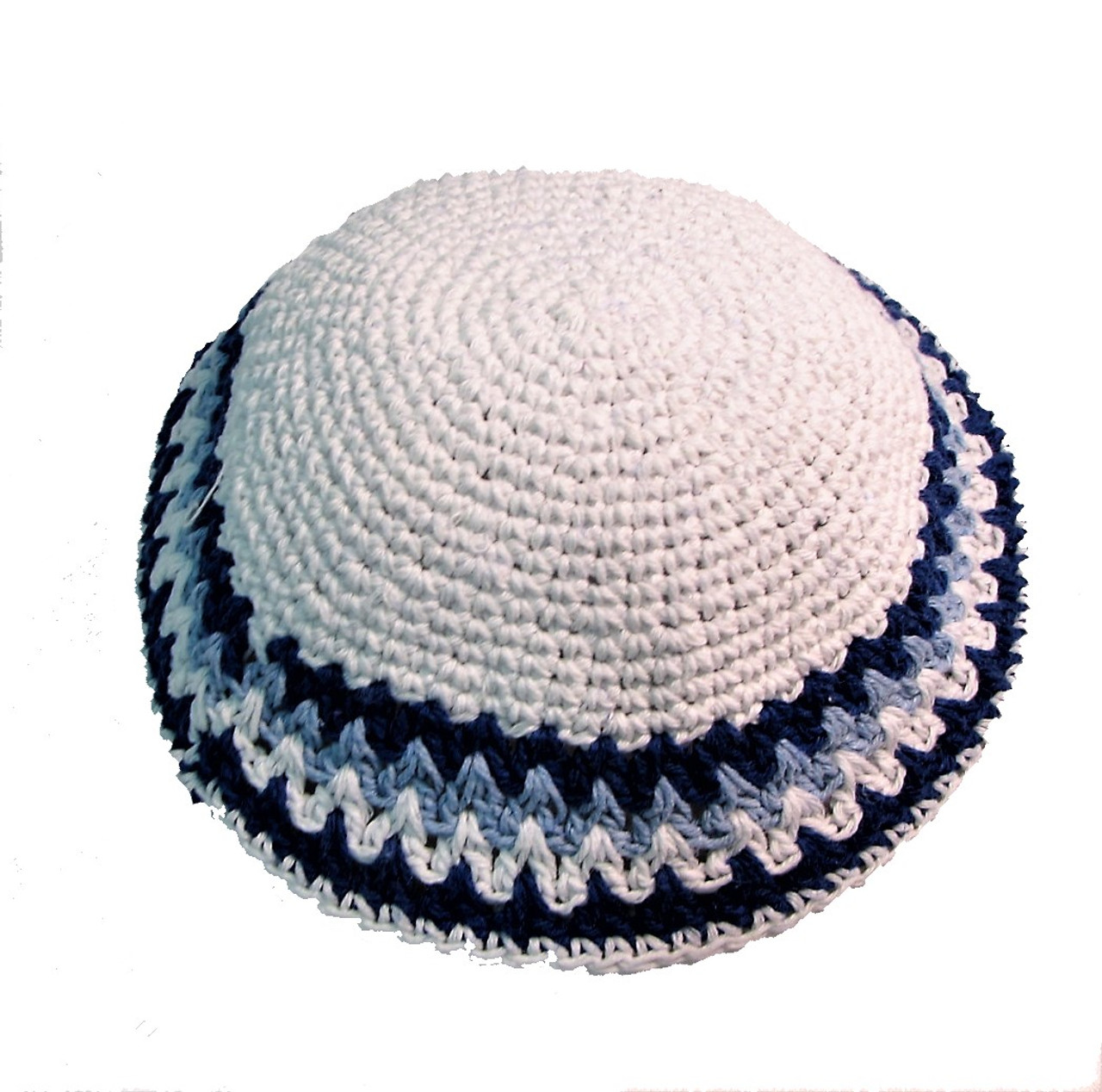 White Knitted Kippah with Two-Tone Blue Band