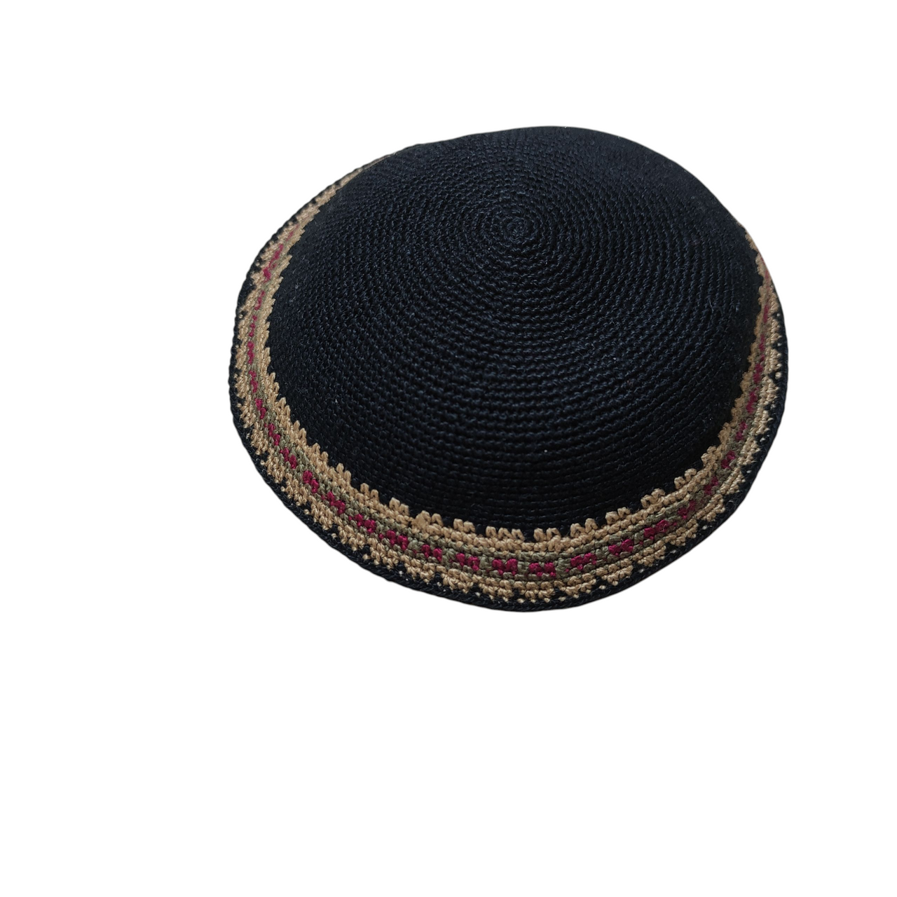 Black DMC Knitted Kippah with Camel & Burgundy Trim