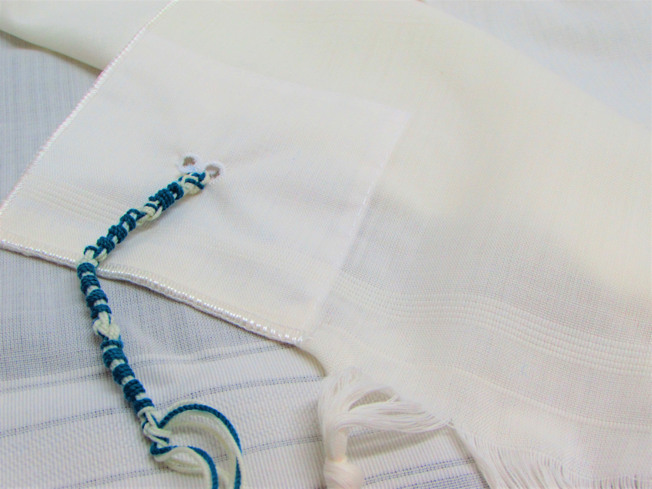 White-Striped Classic Wool Tallit Katan with Breslov Techelet Tzitzit