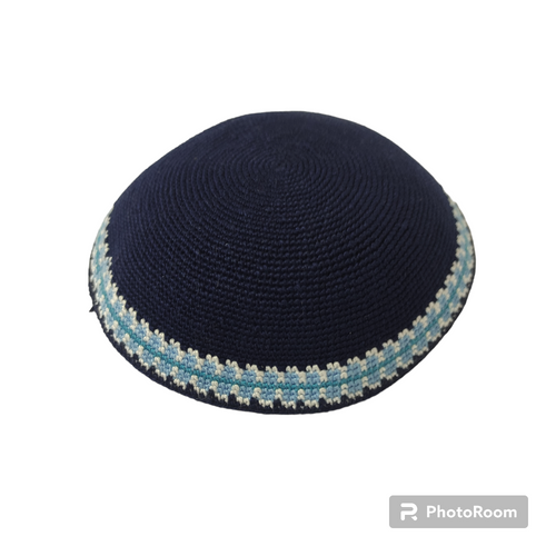 Navy DMC Knitted Kippah with White & Azure Trim