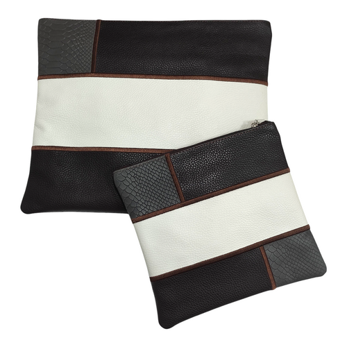 Leather Tallit Bag in Brown & Cream with Gray Anaconda Panels