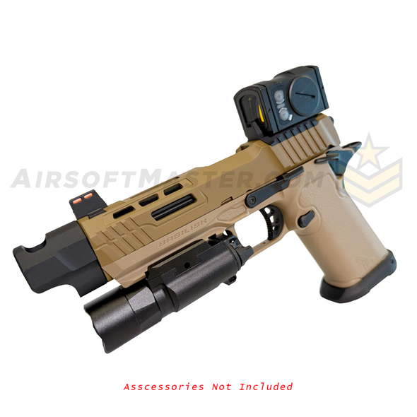 Kizuna Works BSK43 with  ACRO P-2 red dot, compensator, and flashlight. Right facing view