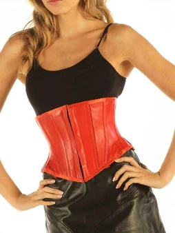 Vorderansicht eines roten Leder-Unterbrustkorsetts mit vertikalen Nähten.