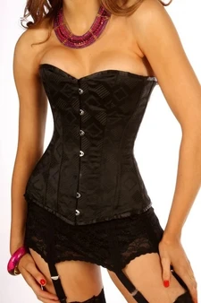 Schwarze Seidencorsage mit geometrischem Muster und silberner Hakenleiste am Model