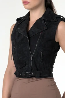 Ärmellose Lederjacke Damen Schwarz