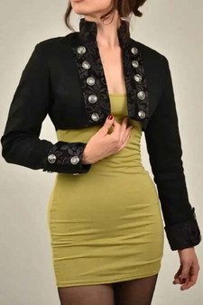 Schwarze kurze Samtjacke mit silbernen Knöpfen und floralen Besätzen