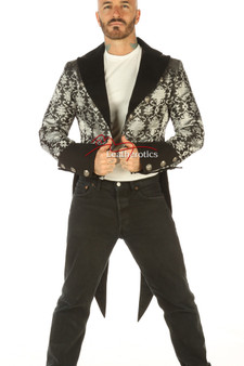 Viktorianischer Frack Silber auf schwarzem Brokat – Gesamtansicht vorne