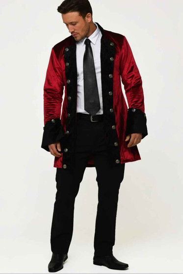 Vorderansicht der roten Victorian Herrenjacke aus Samt mit schwarzem Besatz