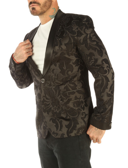 Deluxe Herren Steampunk-Blazer aus schwarzem Brokat vorne geschlossen – strukturierter Stoff, taillierter Schnitt, elegante Knopfleiste