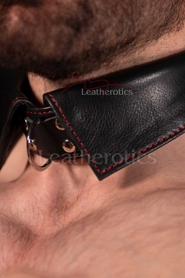 Nahaufnahme am Hals: schwarzes Leder-Halsband mit roter Naht und Metallring