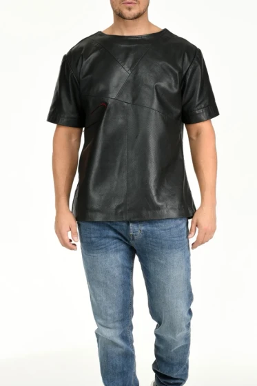 Herren Leder T-Shirt perforiert – Gesamtansicht vorne